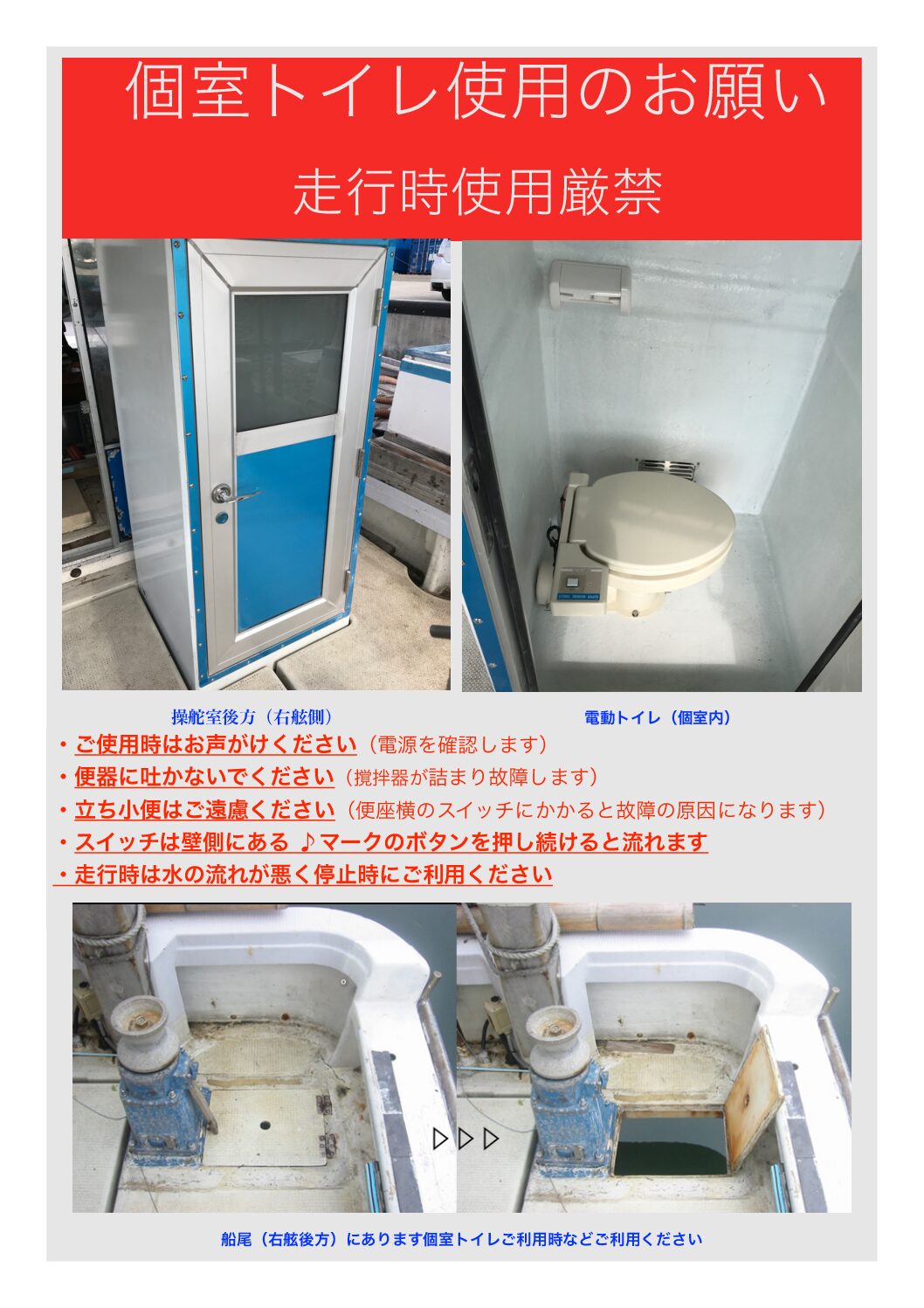 ※（注意）電動マリントイレでは、設置のトイレペーバー以外使用しないでください ・便座拭きシートや手拭きアルコールシートなど流すと攪拌されず詰まりますので絶対に流さないでください